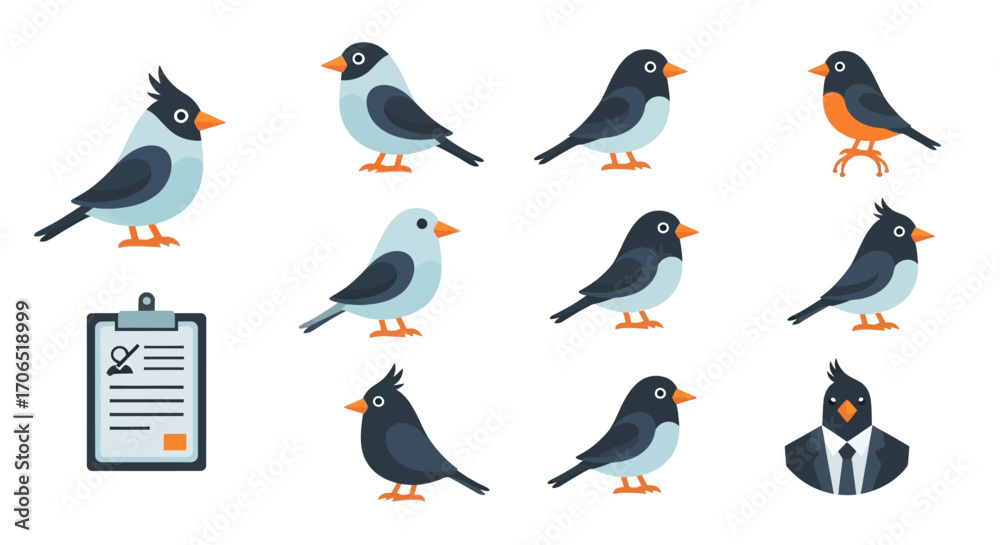 Fototapeta premium Collection of Diverse Cartoon Birds in Various Poses and Styles.