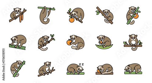 Collection of cute cartoon sloths in various poses, line art with color fill, adorable jungle animals.