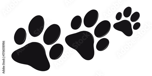 Three sets of black paw prints decreasing in size diagonally across a white background design element