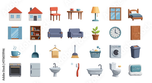 Collection of Diverse Household Furniture and Appliance Icons.
