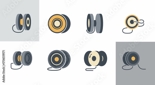 Collection of Diverse Yo-Yo Toys with String and Various Designs.