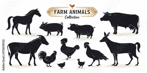Silhouette farm animals collection featuring a horse, pigs, cow, goat, roosters, and chickens in black