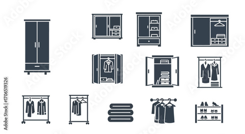Collection of flat dark grey wardrobe and closet icons with clothes and shoes.