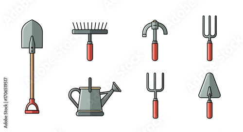 Collection of Illustrated Gardening Tools with Red Handles and Outlines.