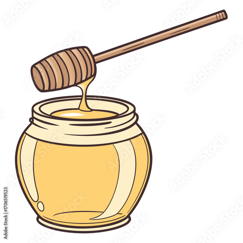 A charming cartoon illustration of a glass jar filled with golden honey and a wooden dipper dripping sweet nectar perfect for food and beverage themes