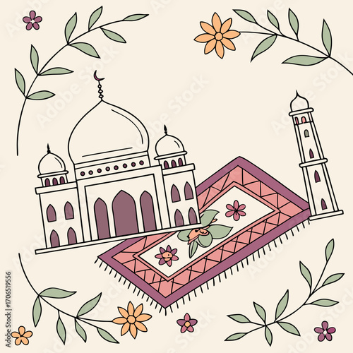 A charming hand drawn illustration featuring a mosque with domes and a minaret a prayer rug with floral motifs and decorative branches with flowers on a cream background