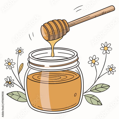 A charming hand drawn illustration of a glass jar filled with golden honey and a wooden dipper dripping sweet nectar surrounded by delicate daisy flowers and green leaves on a white background