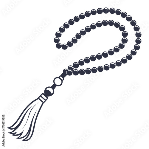 A dark islamic prayer bead rosary with a tassel symbolizing spirituality meditation and devotion isolated on a white background for design elements