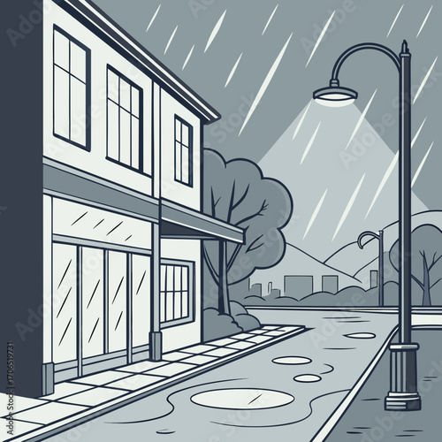 A monochrome illustration of a quaint street scene on a rainy day with a building a street lamp illuminating puddles and distant hills