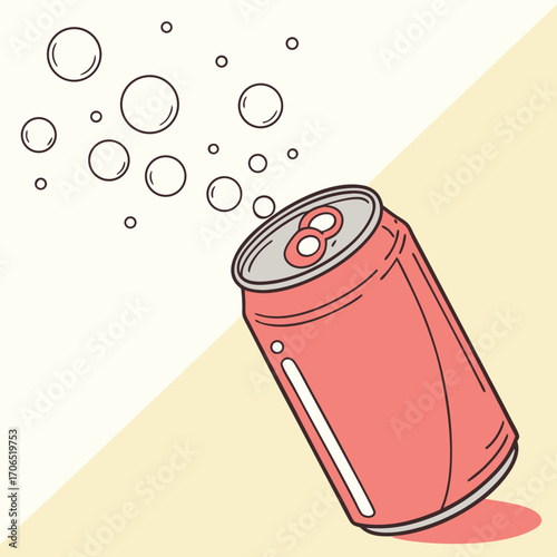 A refreshing red soda can with a pull tab is tilted and open releasing a stream of bubbles and effervescence against a clean background with a diagonal color split