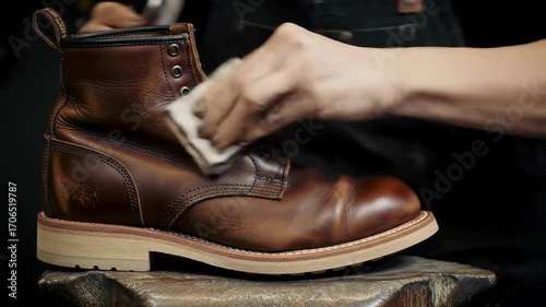 Shoe restoration process in a workshop featuring leather cleaning and polishing techniques
