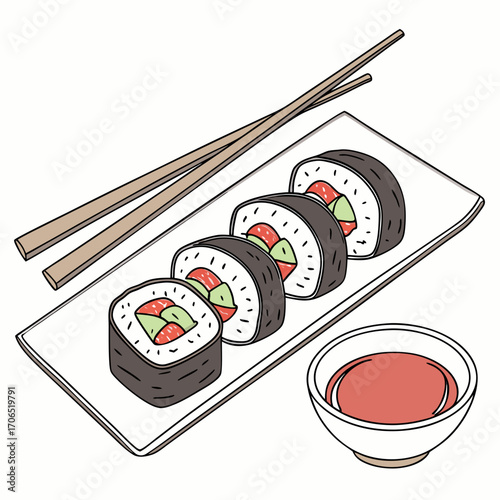 A simple hand drawn illustration of four maki sushi rolls with salmon and cucumber served on a white rectangular plate with chopsticks and a small bowl of dipping sauce