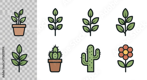 Collection of Six Line Art Plants - Potted Plant, Leafy Branches, Cacti, and Flower.