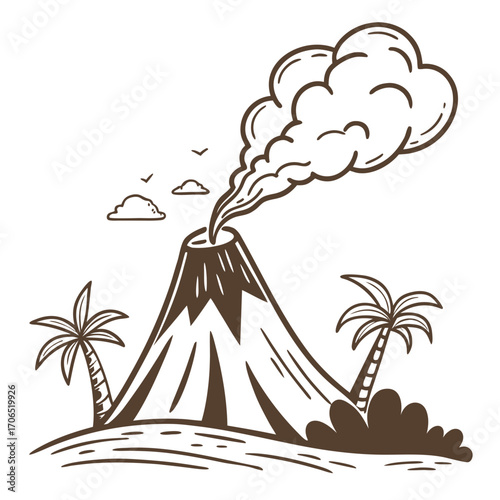 A stylized illustration of a cartoon volcano erupting with smoke and ash billowing into the sky surrounded by palm trees and clouds