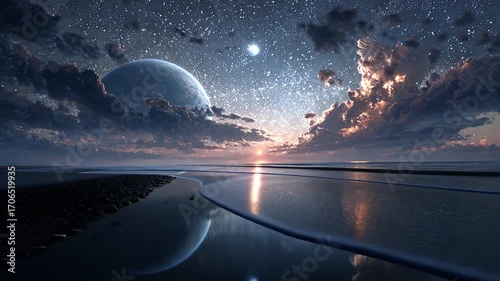 A serene beach scene under a starlit sky with a celestial planet, showcasing the beauty of a dramatic sunset reflection.