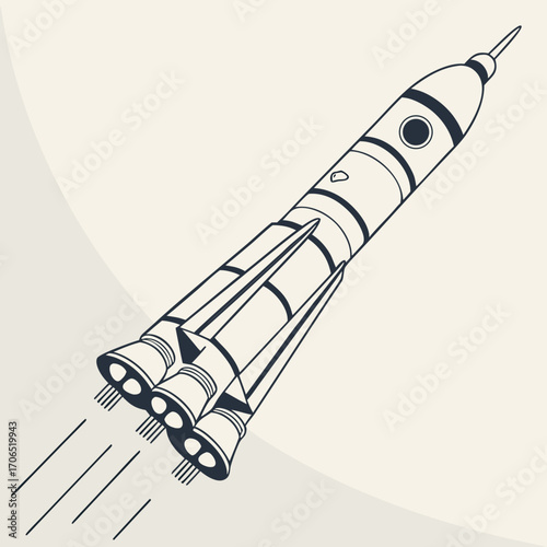 A stylized illustration of a multi stage rocket launching upwards with three powerful engines firing leaving a trail of smoke and speed lines against a neutral background
