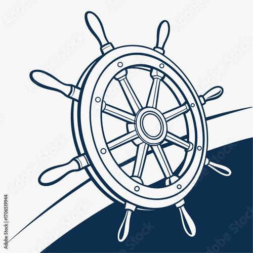 A stylized navy blue outline drawing of a ship s steering wheel with wooden handles on a white background with a dark blue wave shape