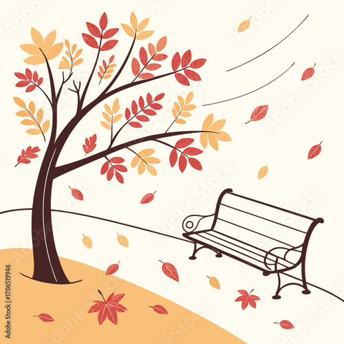 A stylized illustration of a solitary park bench beneath a tree shedding its vibrant red and yellow autumn leaves in a gentle breeze