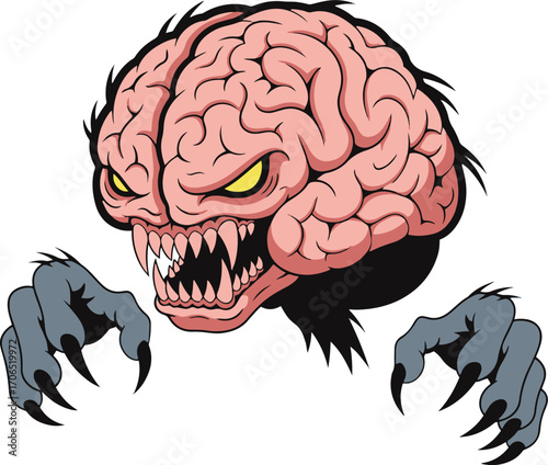 A cartoon illustration of a menacing brain monster. The brain is pink and has sharp teeth and angry yellow eyes. It has large, clawed hands reaching out from the sides.