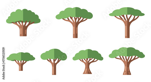 Collection of Stylized Flat Design Trees with Green Canopies and Brown Trunks.