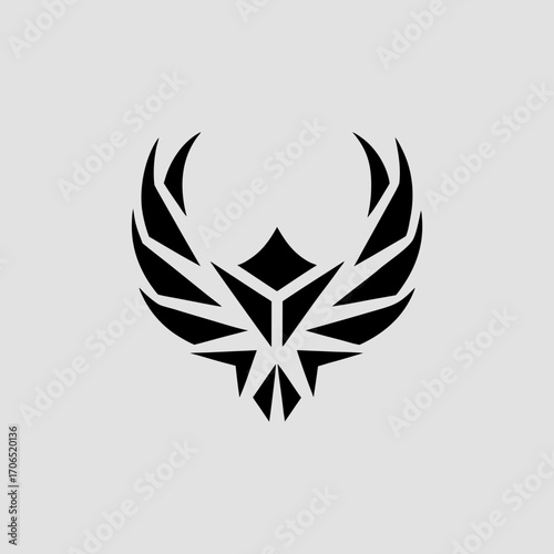 Abstract geometric black phoenix or eagle emblem with sharp stylized wings and a central faceted crown against a neutral gray background representing power and rebirth
