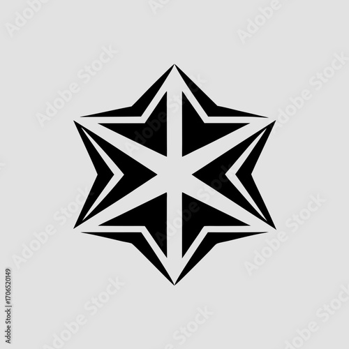 Abstract geometric black six pointed star shape with sharp edges and symmetrical design on a light gray background