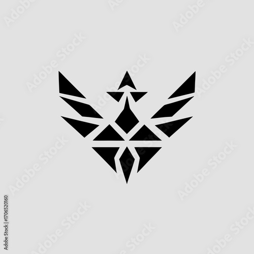 Abstract geometric black phoenix symbol with sharp angular wings and a crown on a light gray background representing rebirth and power