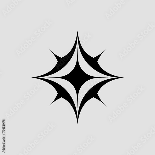 Abstract geometric black starburst shape with sharp points and curved lines on a light gray background representing a stylized explosion or radiant design element