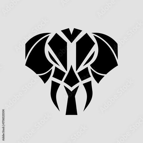 Abstract geometric stylized elephant head silhouette with sharp tusks and large ears on a plain background