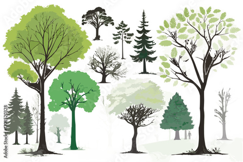 Illustration showcasing a diverse collection of trees with varying shapes and foliage styles depicted against white