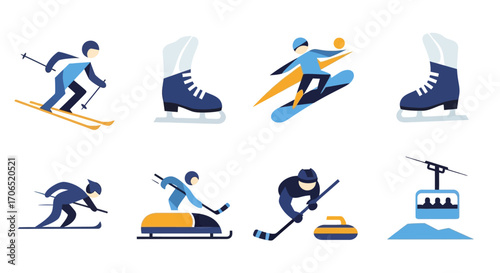 Collection of Winter Sports Athletes and Equipment Illustrations.