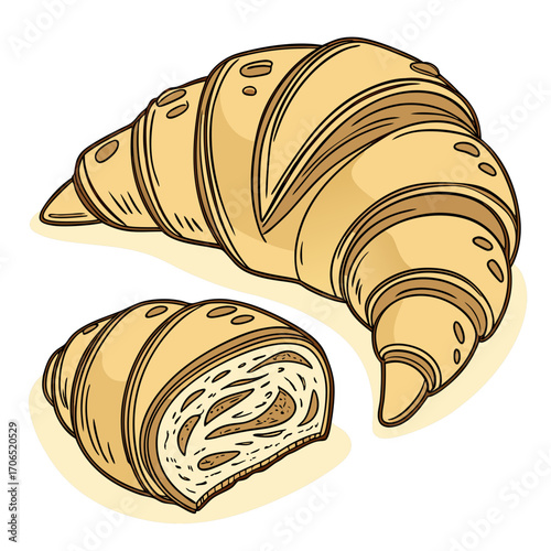 Delicious golden brown croissant pastry with a cut half revealing its flaky layers and airy texture perfect for breakfast or a snack