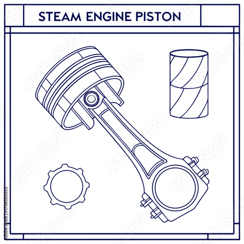 Detailed blueprint illustration of a steam engine piston assembly with connecting rod and separate cylinder and gear components in a clean outline style