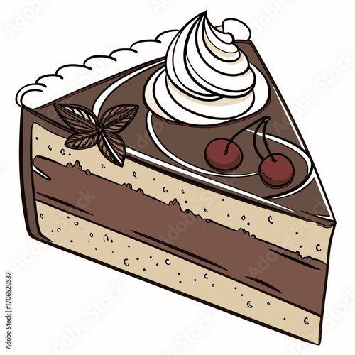 Delicious slice of chocolate cake with creamy whipped topping and fresh cherries decorated with a chocolate leaf garnish and a white frosting border