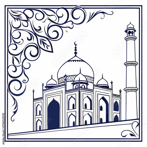 Elegant blue line art illustration of the iconic taj mahal monument with intricate floral corner ornaments and a decorative border on a white background