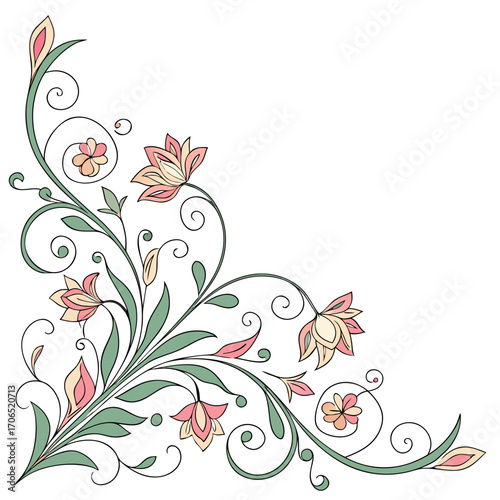 Elegant floral corner design with delicate pink and cream blossoms and swirling green vines on a white background