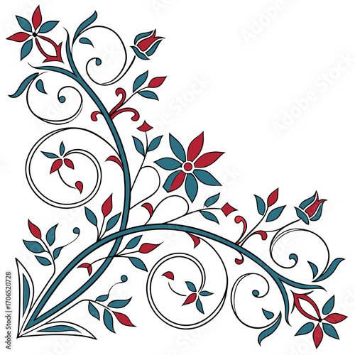 Elegant corner flourish with teal and red flowers and swirling vines decorative element for design and illustration