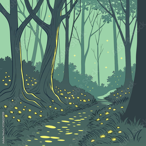 Enchanting forest path bathed in ethereal moonlight and dotted with delicate yellow wildflowers and glowing fireflies at twilight