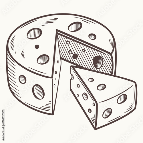 Hand drawn sketch of a round cheese wheel with a slice cut out and a wedge of cheese in front isolated on a light background