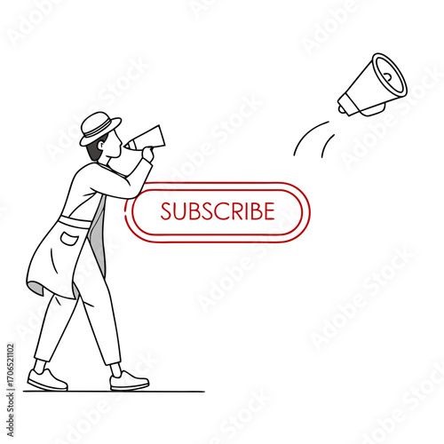Man in hat and coat holding megaphone towards subscribe button and another megaphone flying away with sound waves
