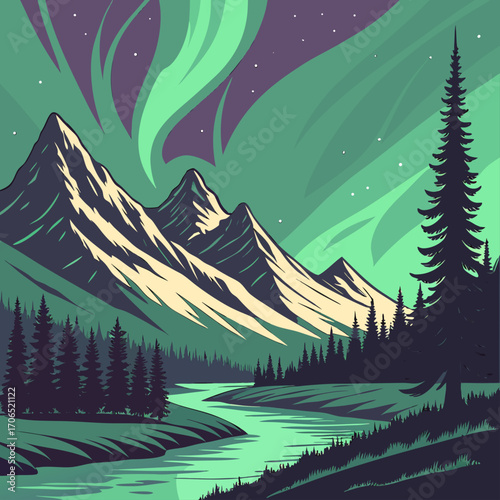 Majestic snow capped mountains under a vibrant aurora borealis sky with a winding river flowing through a pine forest landscape
