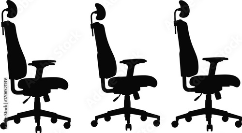 Ergonomic office chair silhouettes vector illustration, workplace furniture icon set, adjustable seating design, business and home office comfort graphic clipart