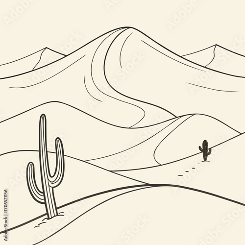 Minimalist line art illustration of rolling sand dunes under a pale sky with two saguaro cacti standing in the foreground and midground