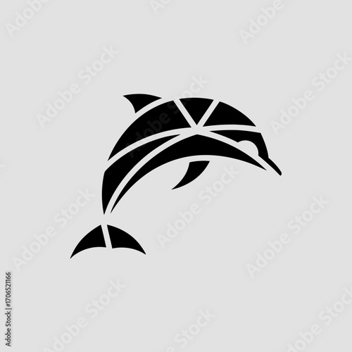 Modern geometric black dolphin silhouette leaping gracefully against a light gray background representing freedom and ocean life