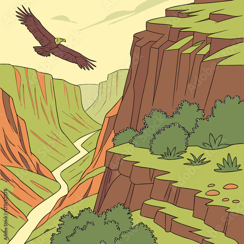 Majestic eagle soaring over a vibrant cartoon grand canyon with a winding river below and lush green vegetation on the cliffs