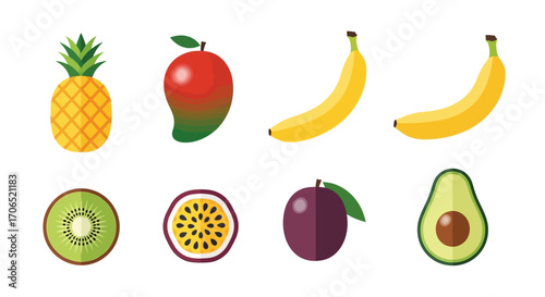 Colorful Flat Icon Tropical Fruits Collection.