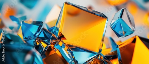 Abstract blue and orange crystal shapes glossy texture 3 d render