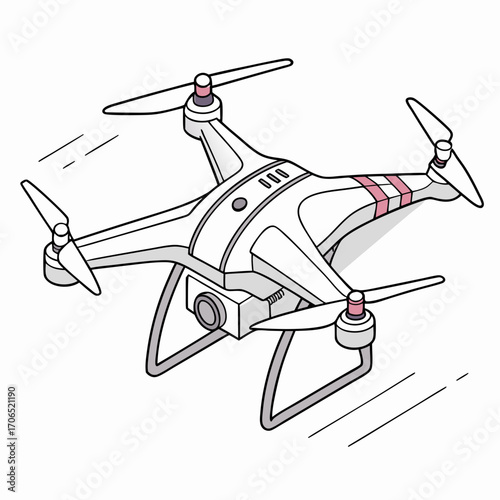 Modern white quadcopter drone with a camera suspended below in flight with motion lines indicating movement against a white background
