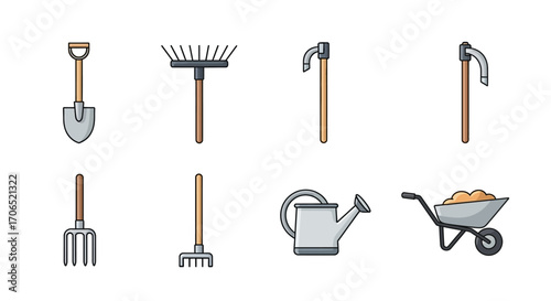 Colorful Illustrated Gardening Tools Collection - Shovel, Rake, Hoe, Fork, Watering Can, Wheelbarrow.