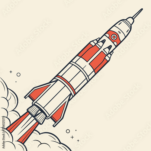 Retro style illustration of a vintage rocket ship blasting off into space leaving behind clouds of smoke and exhaust flames against a cream background with small stars and circles